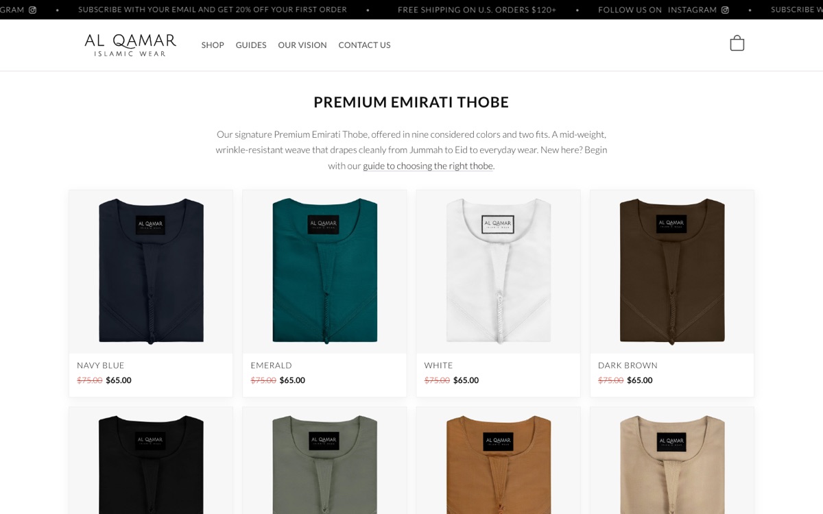 The Premium Emirati Thobe collection page, showing the thobe in navy blue, emerald, white and dark brown