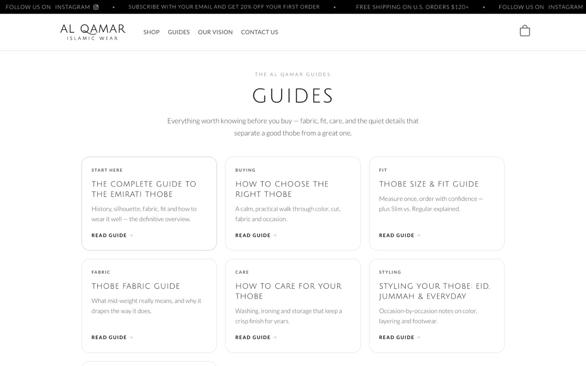 The Al Qamar Guides page, with guides on the Emirati thobe, choosing, size and fit, fabric, care and styling