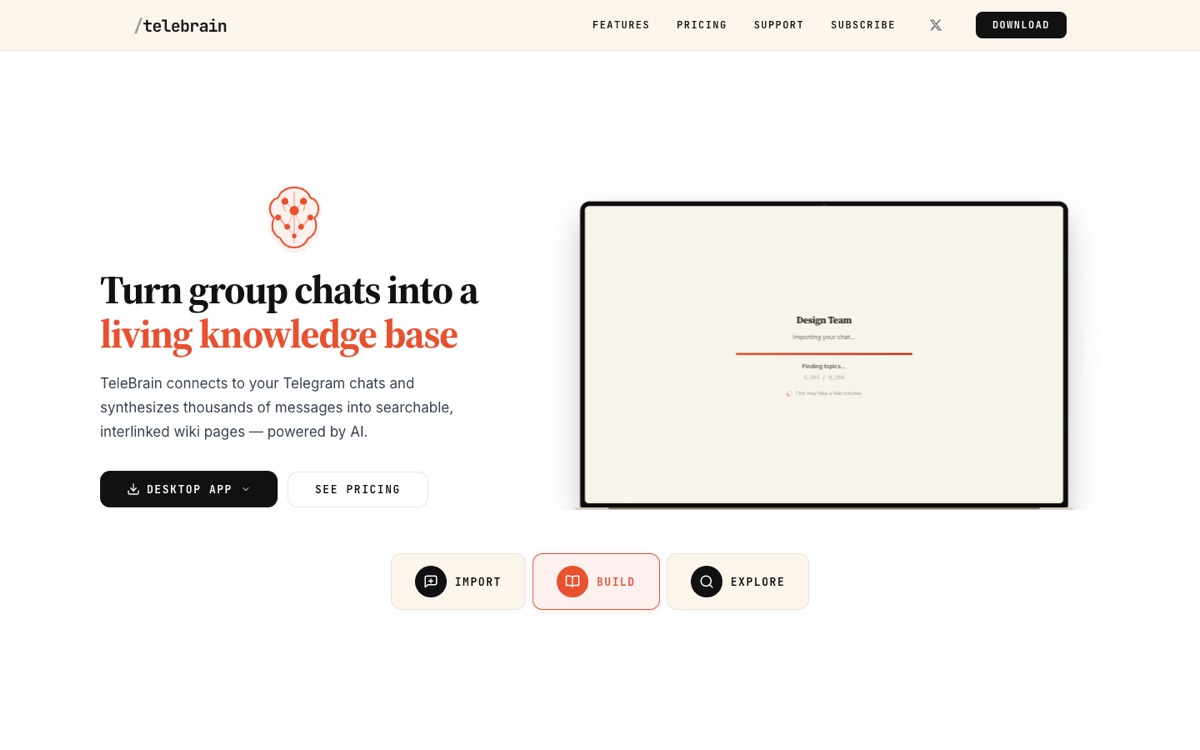 The TeleBrain website: Turn group chats into a living knowledge base