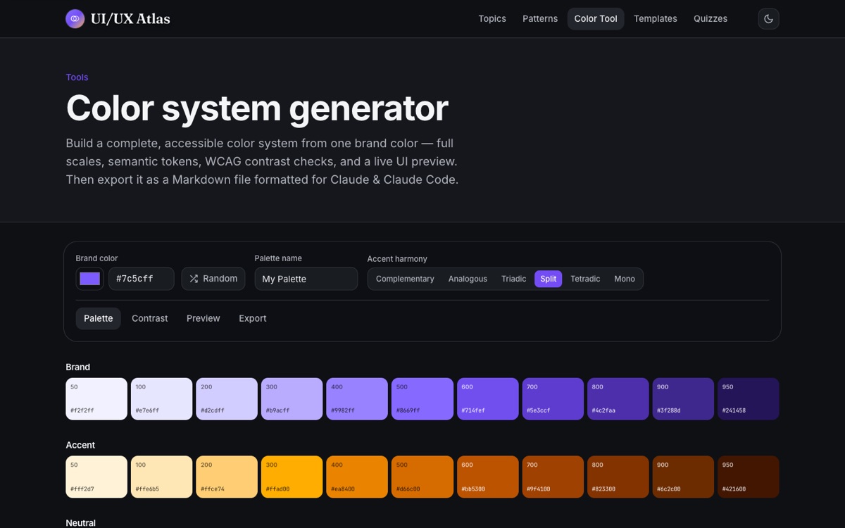 The color system generator, showing brand and accent scales built from one color